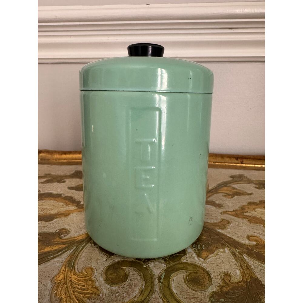 Vintage Jadeite Green TEA Canister Metal Kitchen Tin Mid Century Retro Storage